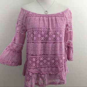 Pink Lace Bell Sleeve Off the Shoulder top